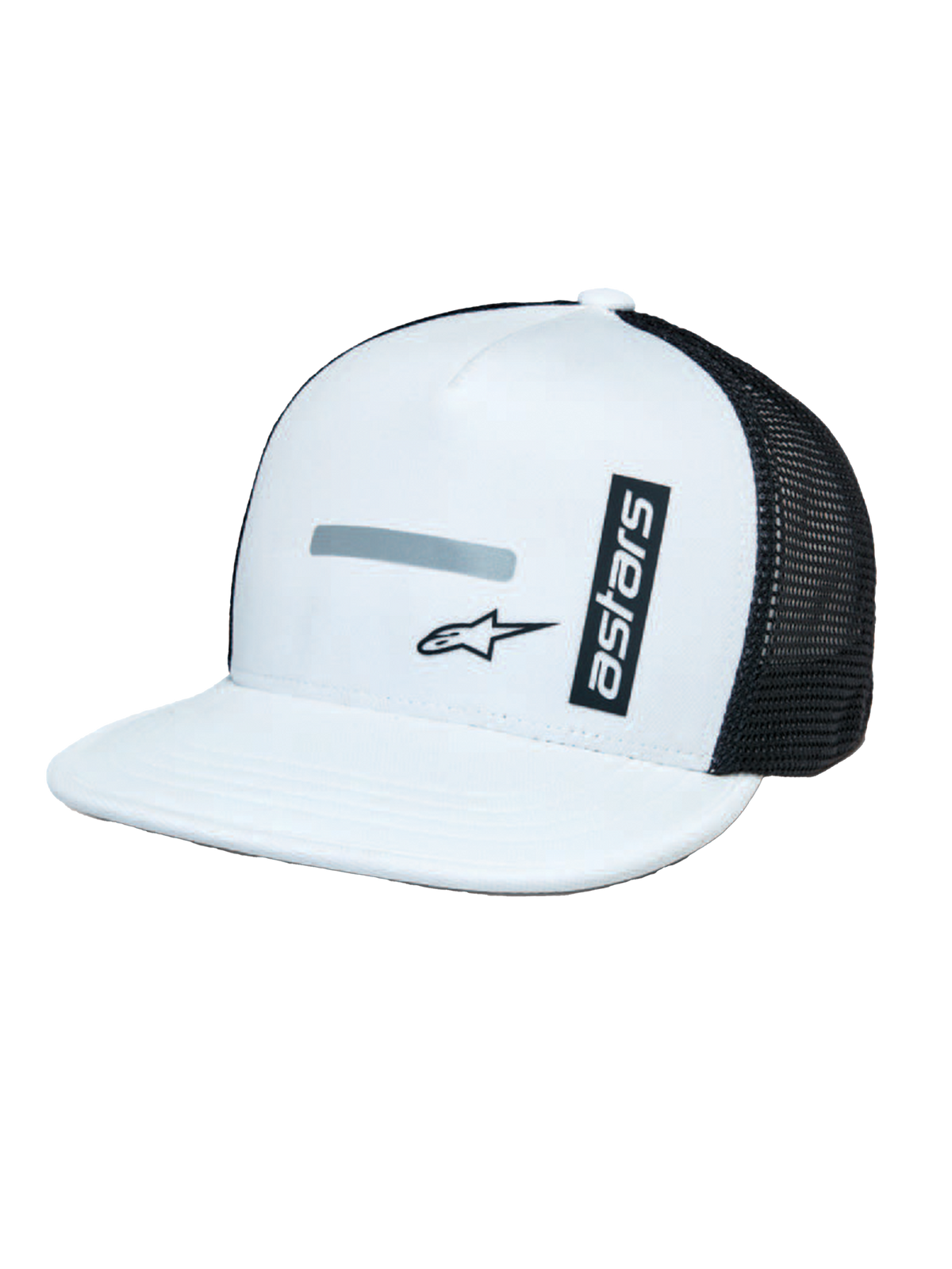 Alpinestars Alter Trucker Hat, bianco e nero, corona bianca strutturata e visiera piatta, pannelli posteriori in mesh nero, marchio 'astars' verticale e stampa logo riflettente, copricapo casual ispirato al motorsport