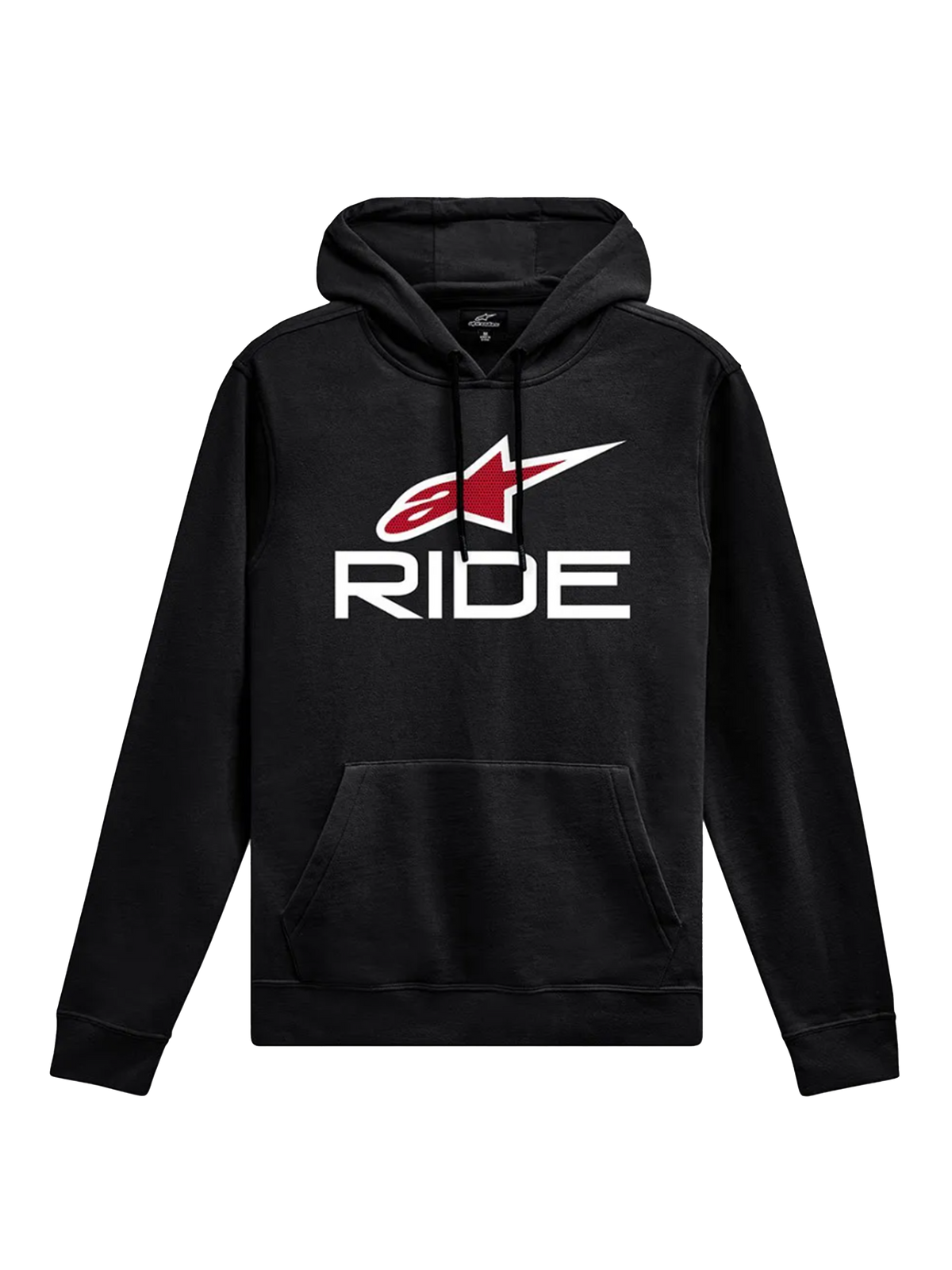 Alpinestars Ride Hoodie V 3, abbigliamento sportivo casual, nera con scritta RIDE bianca e logo a stella rossa, tasca a marsupio frontale, cappuccio con cordoncino, polsini e orlo a costine, design ispirato al motorsport