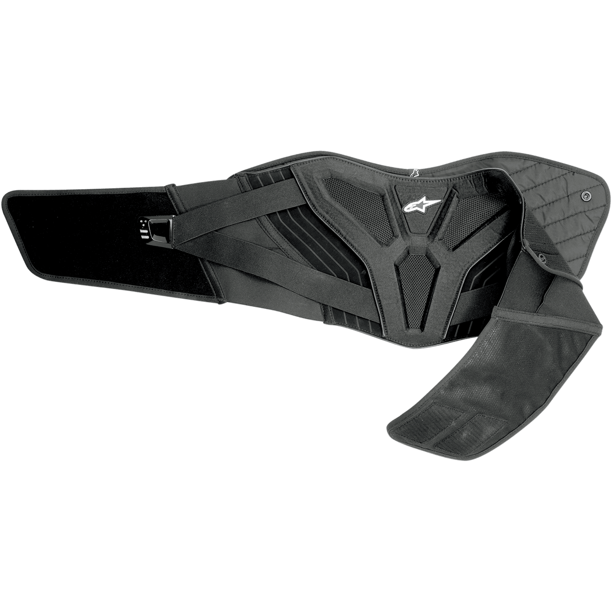 Alpinestars Touring Belt, cintura renale da moto nera, con supporto lombare ergonomico, fodera termica trapuntata, pannelli in mesh per la ventilazione, doppia fascia elastica in vita con logo Astars bianco, abbigliamento protettivo per guida su strada e adventure