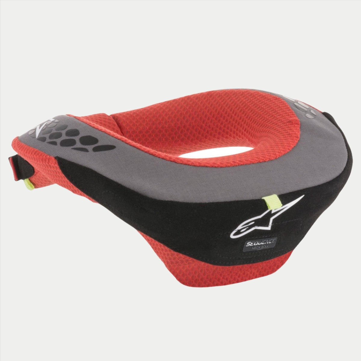 Alpinestars Sequence Youth Neck Roll, collare protettivo per ragazzi, nero e rosso con dettagli grigi, logo Alpinestars bianco, rivestimento interno in mesh, attrezzatura di sicurezza ergonomica per motocross e kart