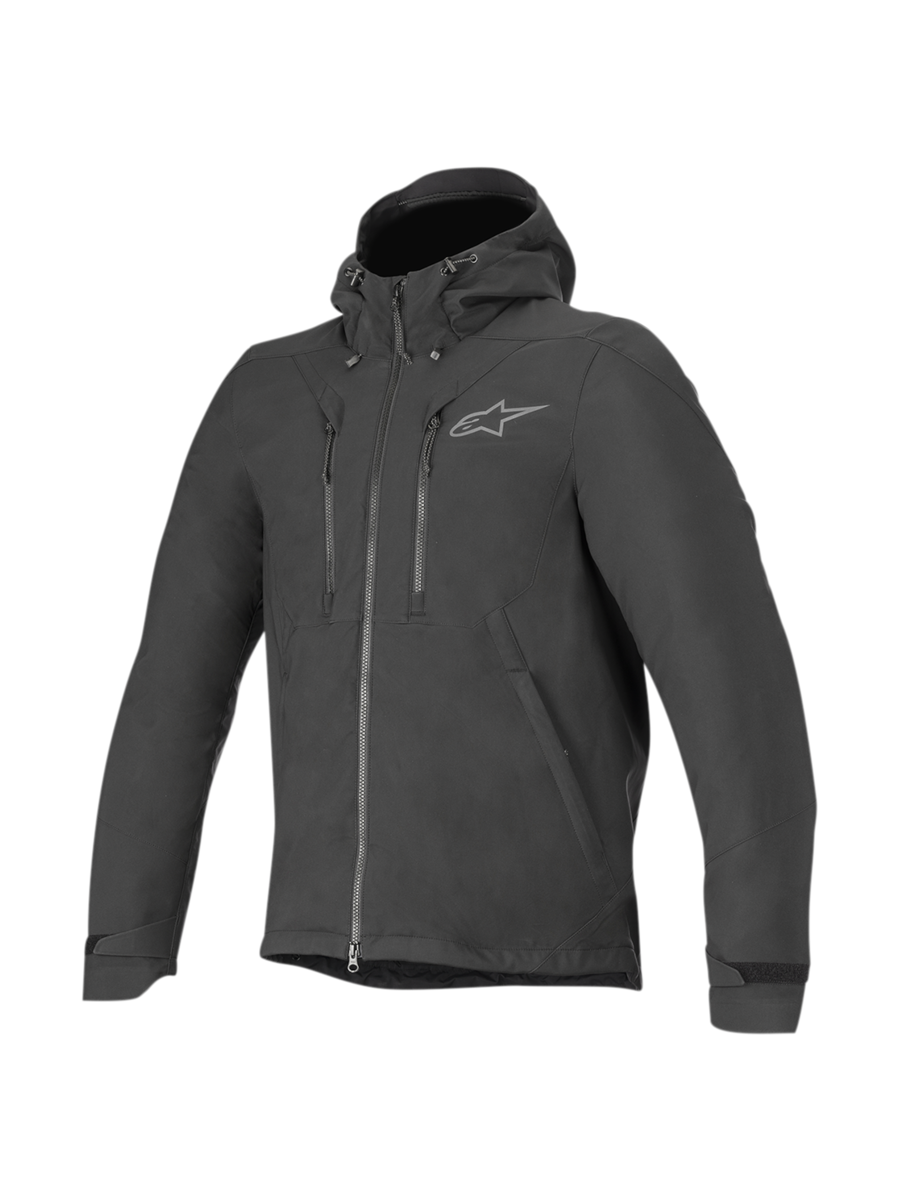 Giacca Domino Tech Alpinestars, giacca da moto urban da uomo, nera, in softshell idrorepellente con cappuccio fisso.
