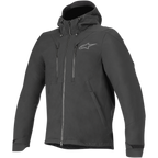 Giacca Domino Tech Alpinestars, giacca da moto urbana, nero, dotata di cappuccio fisso con cordini, cerniera anteriore centrale, doppie cerniere verticali sul petto e cinturini regolabili sui polsini, discreto logo Astar grigio sul petto a sinistra, design tecnico in softshell per la guida su strada