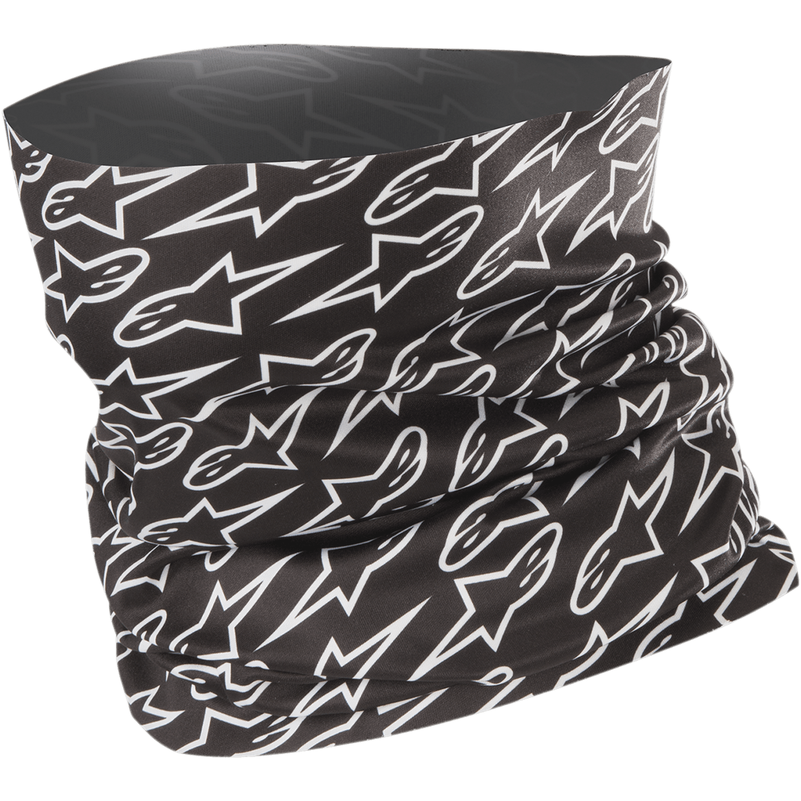 Alpinestars Neck Tube, scaldacollo da moto, nero con motivo a stelle bianche ripetuto all-over, tessuto leggero ed elastico, progettato per la protezione dal vento in primavera ed estate