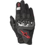 Guanti Alpinestars SMX-1 Air V2, guanti da moto per guida su strada, nero e rosso fluo, con protezione nocche rigida in stile fibra di carbonio, logo a stella Alpinestars rosso, strisce riflettenti argento e pelle traforata con pannelli in mesh traspirante