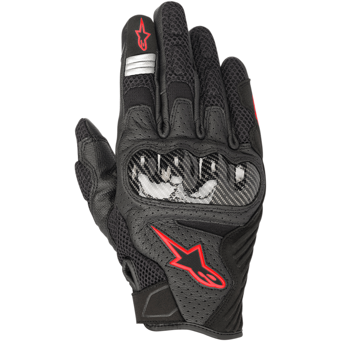 Guanti Alpinestars SMX-1 Air V2, guanti da moto per guida su strada, nero e rosso fluo, con protezione nocche rigida in stile fibra di carbonio, logo a stella Alpinestars rosso, strisce riflettenti argento e pelle traforata con pannelli in mesh traspirante