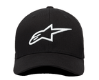Cappello Alpinestars Ageless Curve, vista frontale, tessuto twill nero con logo Alpinestars bianco ricamato in 3D, berretto da baseball con visiera curva, stile casual sportswear