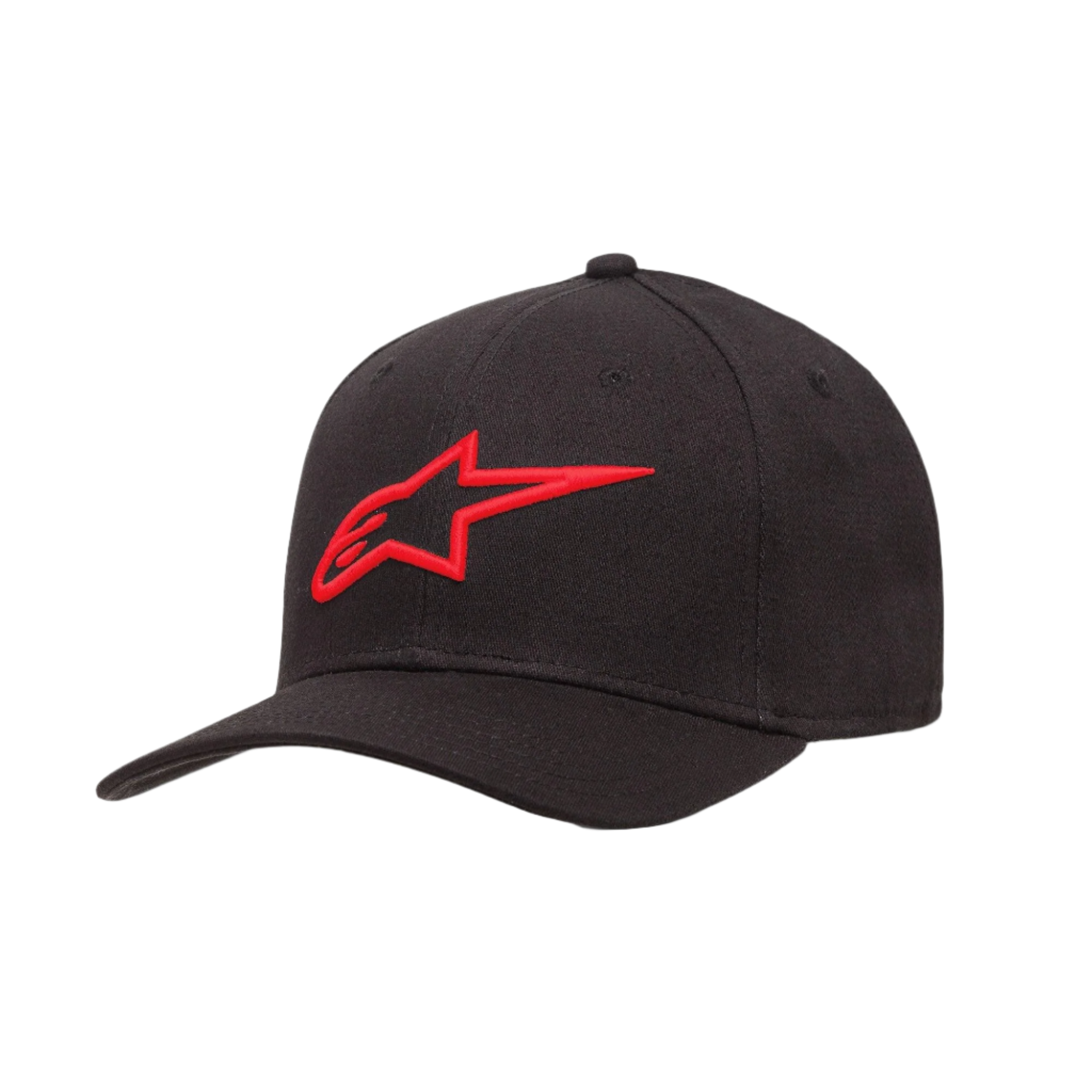 Cappello Alpinestars Ageless Curve, berretto da baseball nero con logo rosso ricamato in 3D, visiera curva, tessuto twill, accessorio sportivo casual