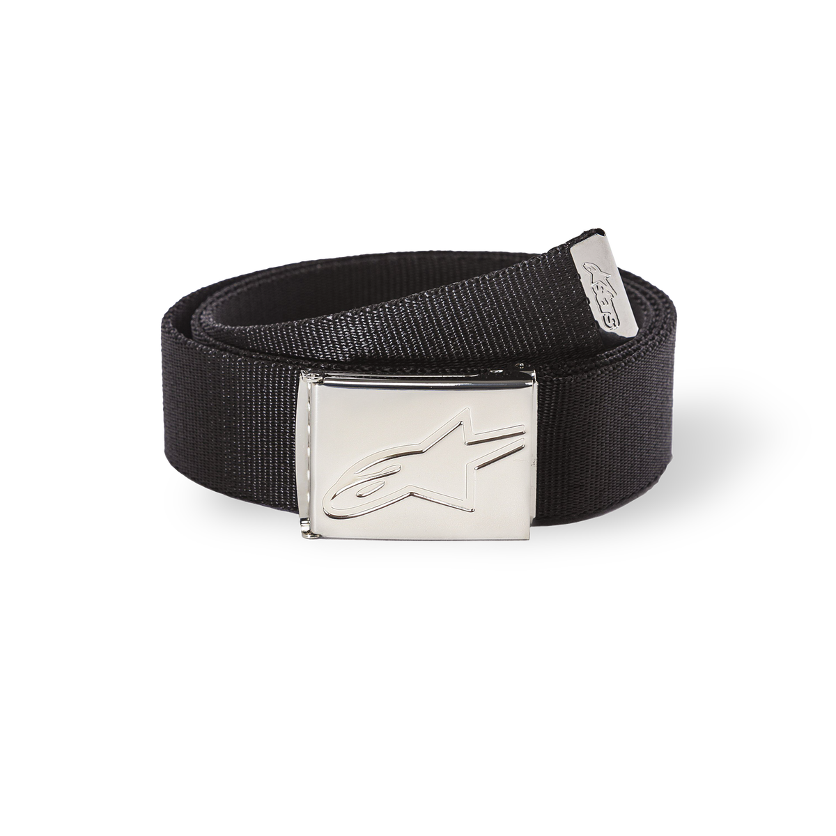 Alpinestars Ageless Web Belt, cintura in tessuto nero con fibbia in metallo argento cromato, logo stella in bassorilievo, fettuccia testurizzata, estremità con punta metallica e marchio, accessorio casual sportswear