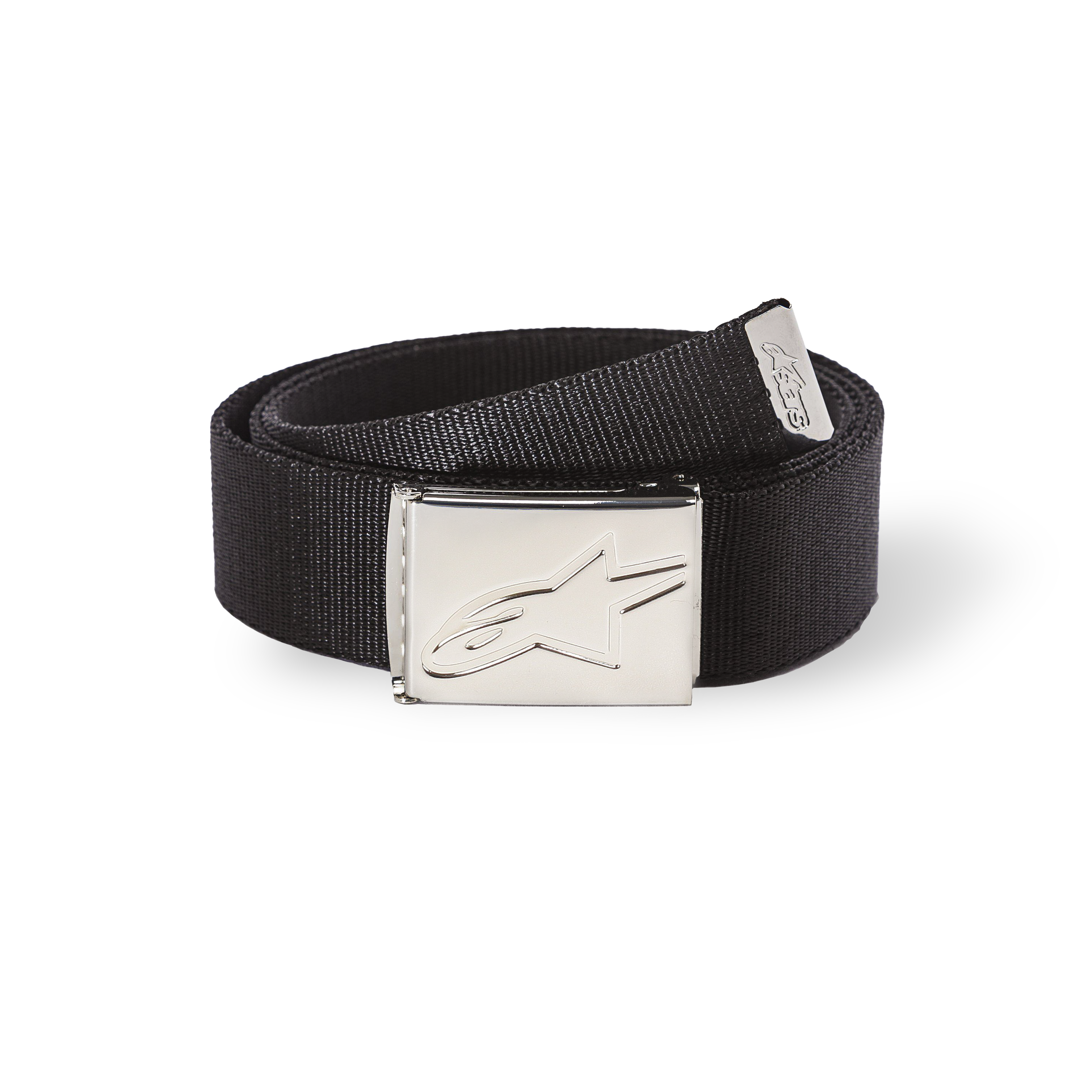 Alpinestars Ageless Web Belt, cintura in tessuto nero con fibbia in metallo argento cromato, logo stella in bassorilievo, fettuccia testurizzata, estremità con punta metallica e marchio, accessorio casual sportswear