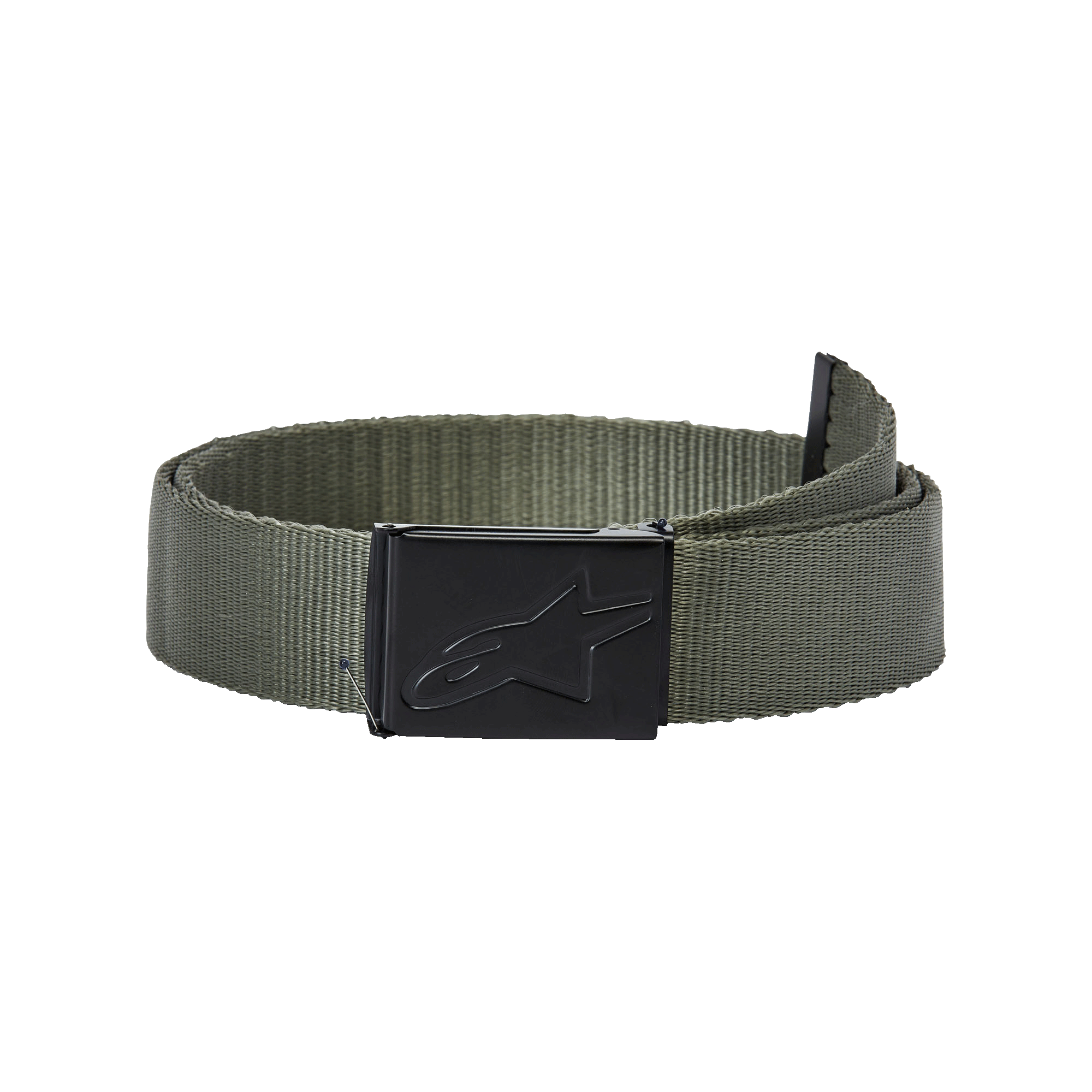 Alpinestars Ageless Web Belt, verde militare e nero, con cinturino in polipropilene intrecciato e fibbia a morsetto in metallo nero con logo a stella inciso, accessorio sportivo casual