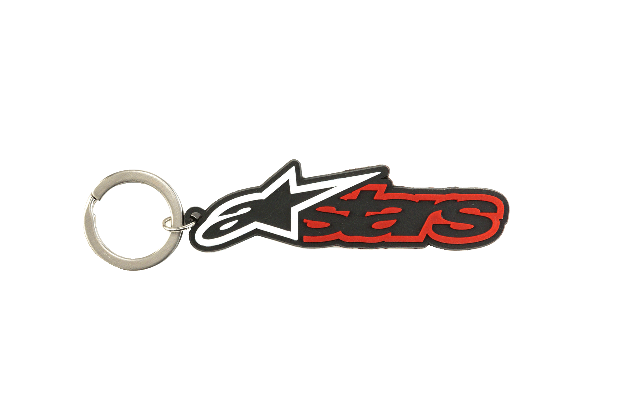 Alpinestars Blaze Key Fob, portachiavi in gomma 3D in nero e rosso, con logo a stella bianco e nero e scritta profilata di rosso, anello a scatto in metallo resistente, accessorio ispirato al motorsport