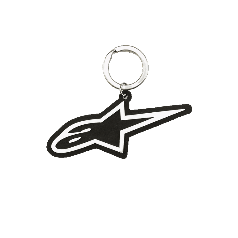 Alpinestars Ageless Key Fob, portachiavi in gomma 3D, design con logo Blaze nero e bianco, anello a scatto in metallo argentato, accessorio ispirato al motorsport