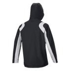 Alpinestars A-Dura Rain Jacket, nero e bianco, vista posteriore della giacca antipioggia da mountain bike con cappuccio, pannelli grigio chiaro a contrasto su spalle e maniche.