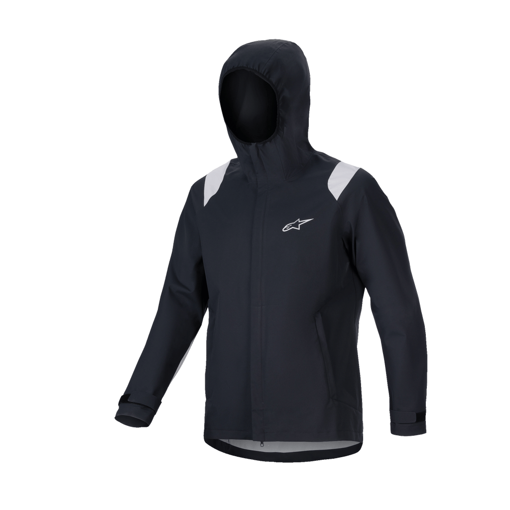 Alpinestars A-Dura Rain Jacket, giacca antipioggia MTB, nero con pannelli grigi sulle spalle, logo Astars bianco sul petto, design impermeabile con cappuccio e membrana a 2,5 strati, abbigliamento tecnico funzionale per ciclismo fuoristrada