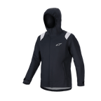 Alpinestars A-Dura Rain Jacket, giacca antipioggia MTB, nero con pannelli grigi sulle spalle, logo Astars bianco sul petto, design impermeabile con cappuccio e membrana a 2,5 strati, abbigliamento tecnico funzionale per ciclismo fuoristrada