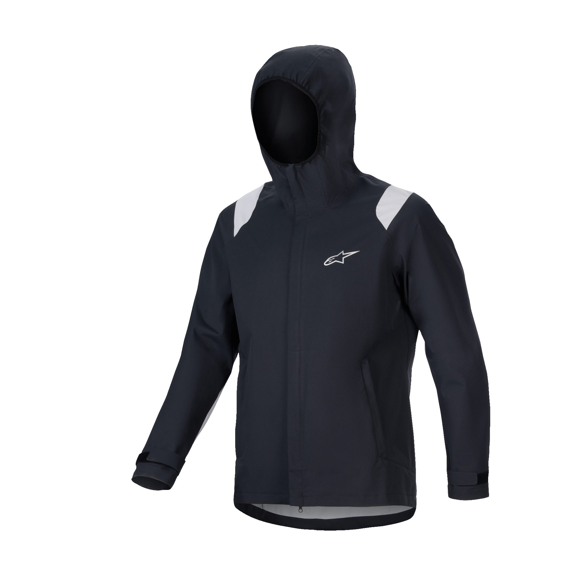 Alpinestars A-Dura Rain Jacket, giacca antipioggia MTB, nero con pannelli grigi sulle spalle, logo Astars bianco sul petto, design impermeabile con cappuccio e membrana a 2,5 strati, abbigliamento tecnico funzionale per ciclismo fuoristrada