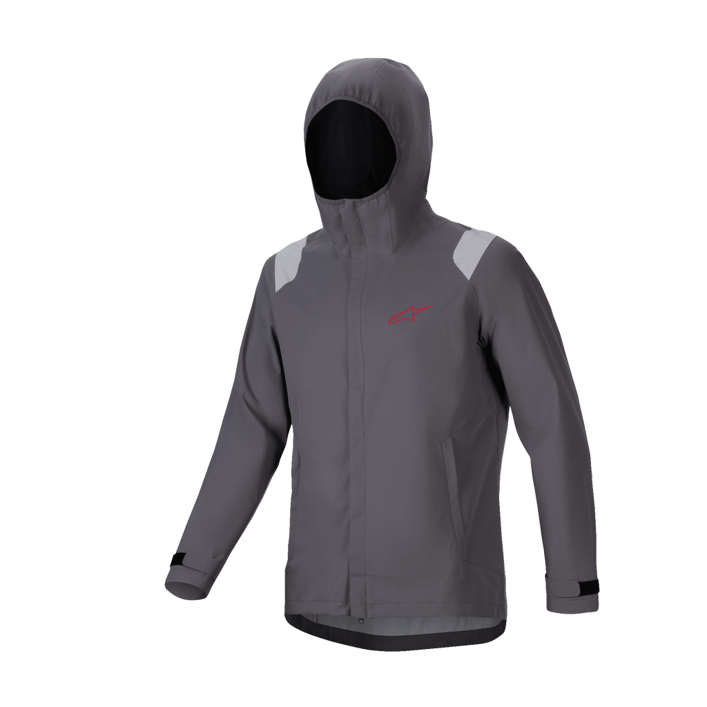 Alpinestars Giacca Antipioggia A-Dura, guscio antipioggia per mountain bike, grigio Dark Titanium, design con cappuccio e logo a stella rosso, dettagli grigio chiaro sulle spalle, polsini regolabili in velcro, abbigliamento tecnico impermeabile ad alte prestazioni per MTB.