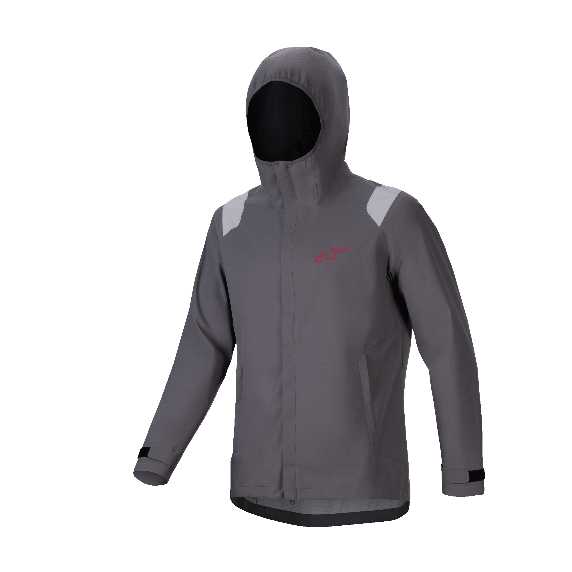 Alpinestars Giacca Antipioggia A-Dura, guscio antipioggia per mountain bike, grigio Dark Titanium, design con cappuccio e logo a stella rosso, dettagli grigio chiaro sulle spalle, polsini regolabili in velcro, abbigliamento tecnico impermeabile ad alte prestazioni per MTB.