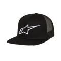 Alpinestars Corp Trucker Hat, berretto trucker con visiera piatta, nero, logo Alpinestars bianco ricamato in 3D sul davanti, pannelli posteriori in mesh, corona strutturata, streetwear casual motorsport