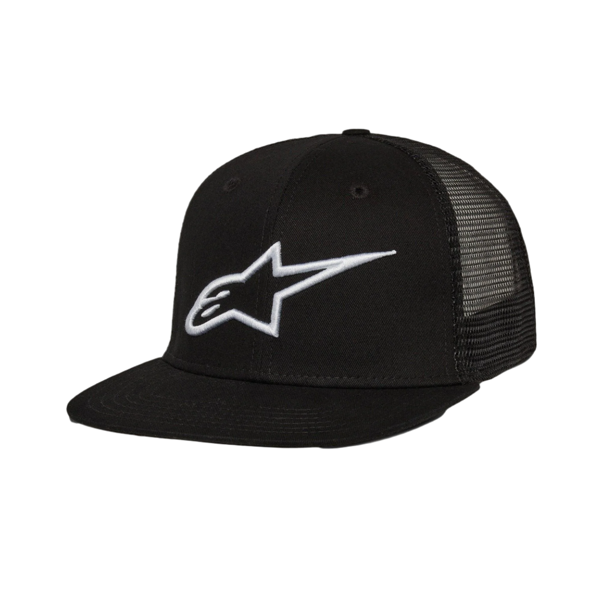 Alpinestars Corp Trucker Hat, berretto trucker con visiera piatta, nero, logo Alpinestars bianco ricamato in 3D sul davanti, pannelli posteriori in mesh, corona strutturata, streetwear casual motorsport