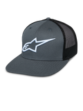 Cappellino Alpinestars Corp Trucker, parte anteriore grigia e retro in rete nera, logo a stella bianco ricamato, visiera piatta, corona strutturata e pannello posteriore in rete traspirante