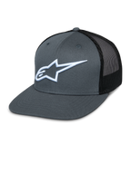 Cappellino Alpinestars Corp Trucker, parte anteriore grigia e retro in rete nera, logo a stella bianco ricamato, visiera piatta, corona strutturata e pannello posteriore in rete traspirante