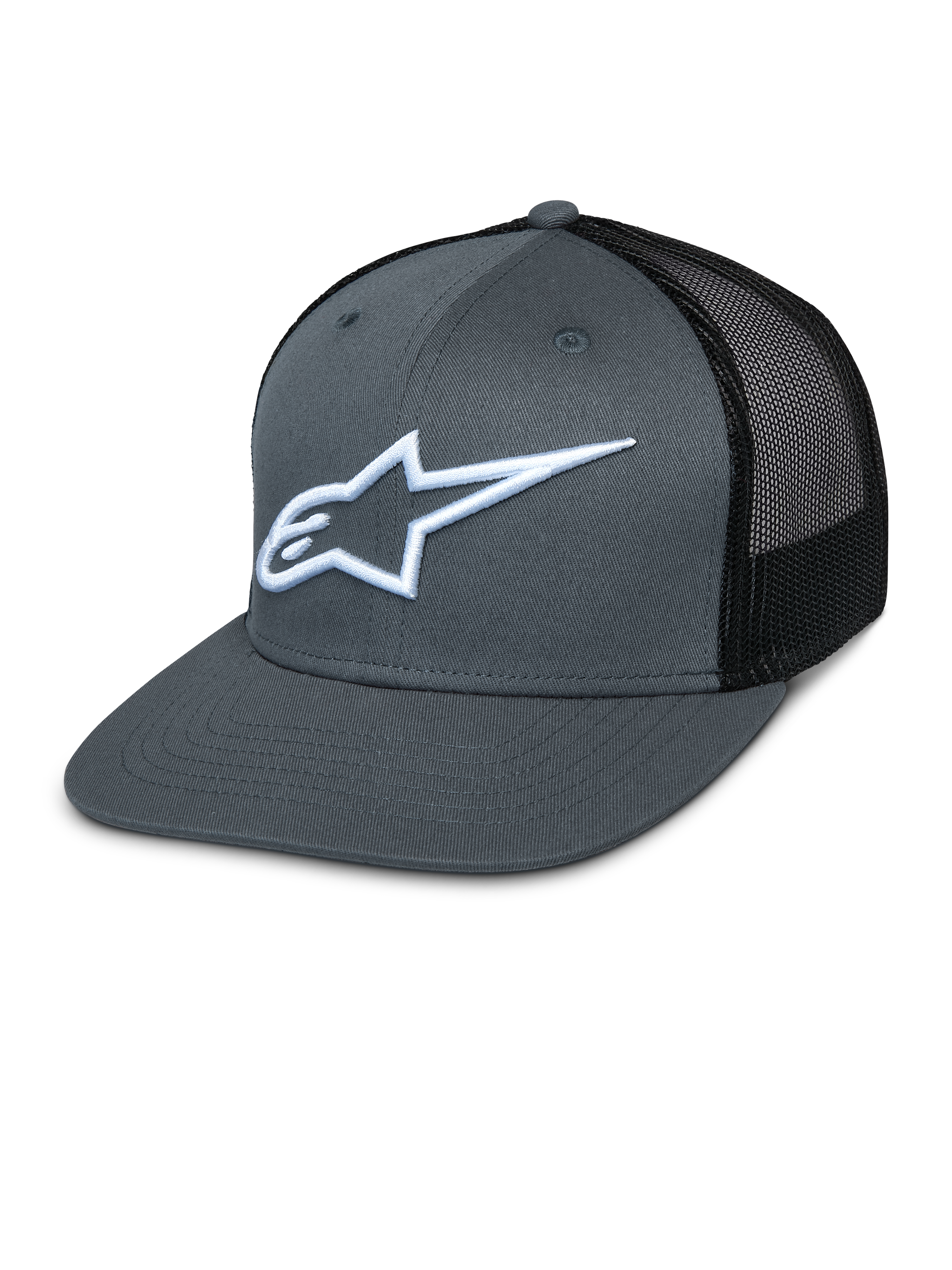 Cappellino Alpinestars Corp Trucker, parte anteriore grigia e retro in rete nera, logo a stella bianco ricamato, visiera piatta, corona strutturata e pannello posteriore in rete traspirante