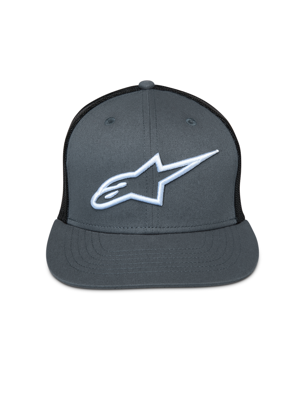Cappello Alpinestars Corp Trucker, parte anteriore grigia e retro in rete nera, visiera piatta, logo Astar ricamato bianco, copricapo casual motorsport