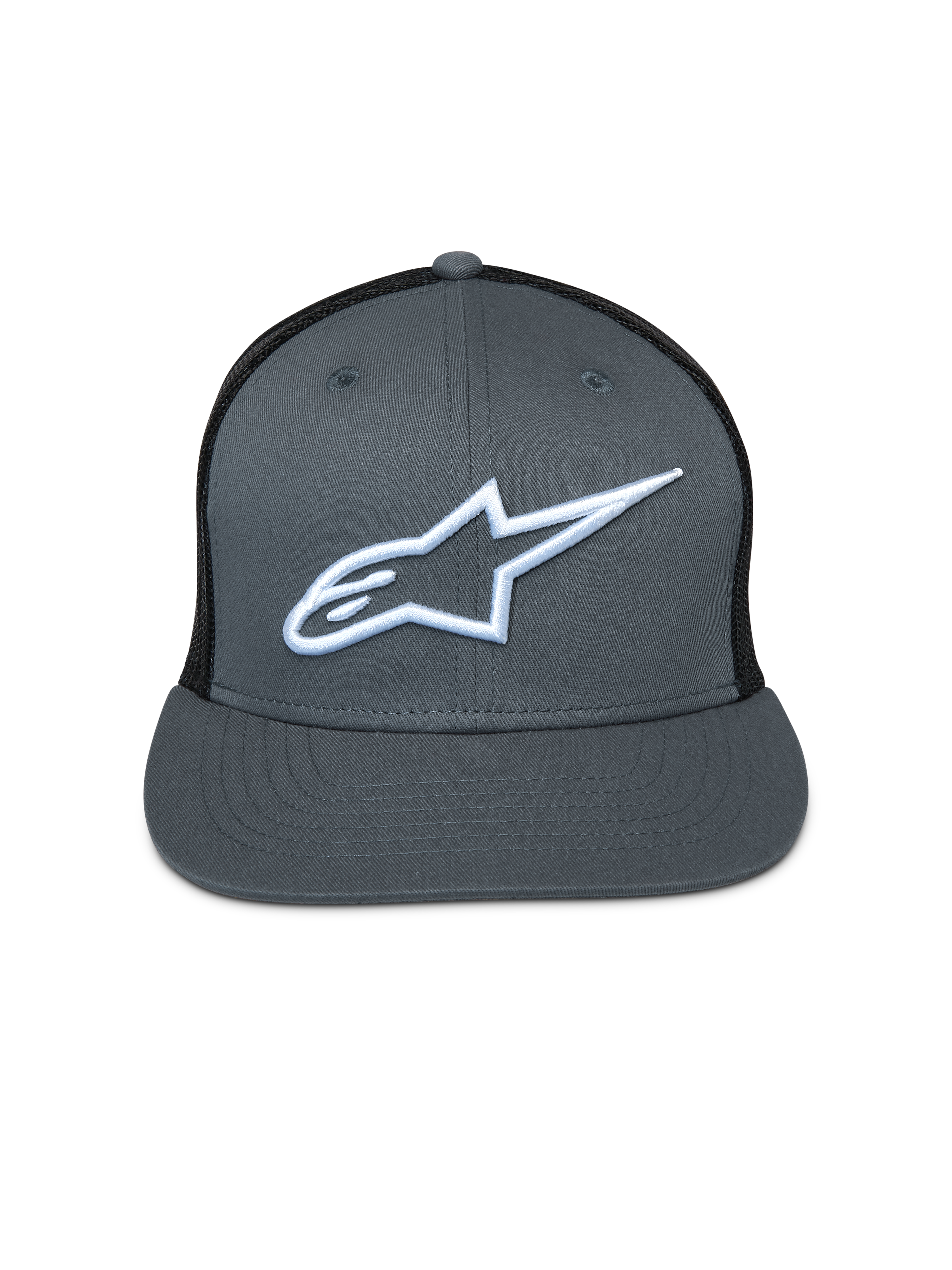Cappello Alpinestars Corp Trucker, parte anteriore grigia e retro in rete nera, visiera piatta, logo Astar ricamato bianco, copricapo casual motorsport