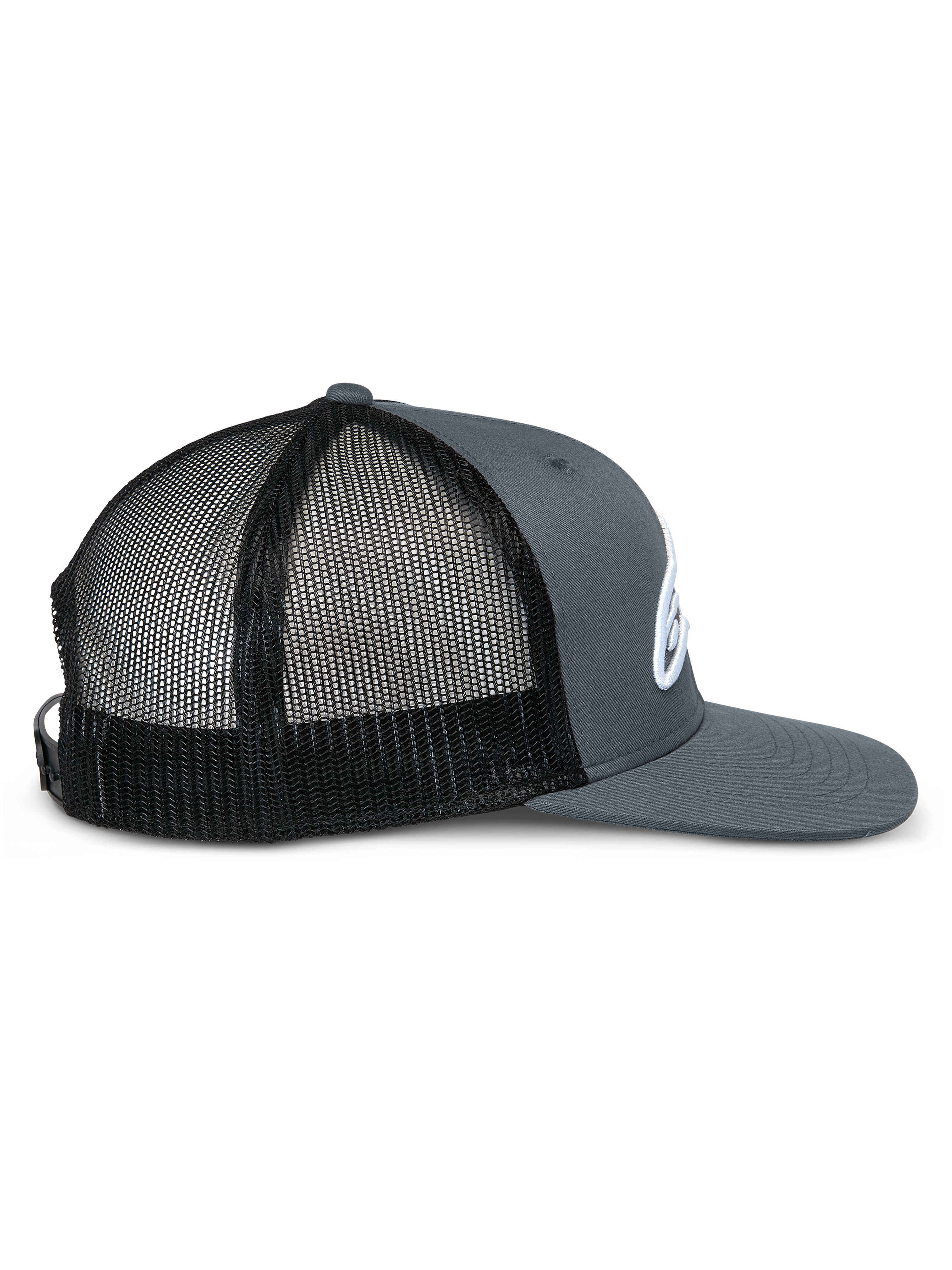 Cappello Alpinestars Corp Trucker, profilo laterale, parte anteriore e visiera in twill grigio con pannelli posteriori in rete nera, visiera piatta, corona strutturata, logo bianco ricamato, copricapo casual da motorsport