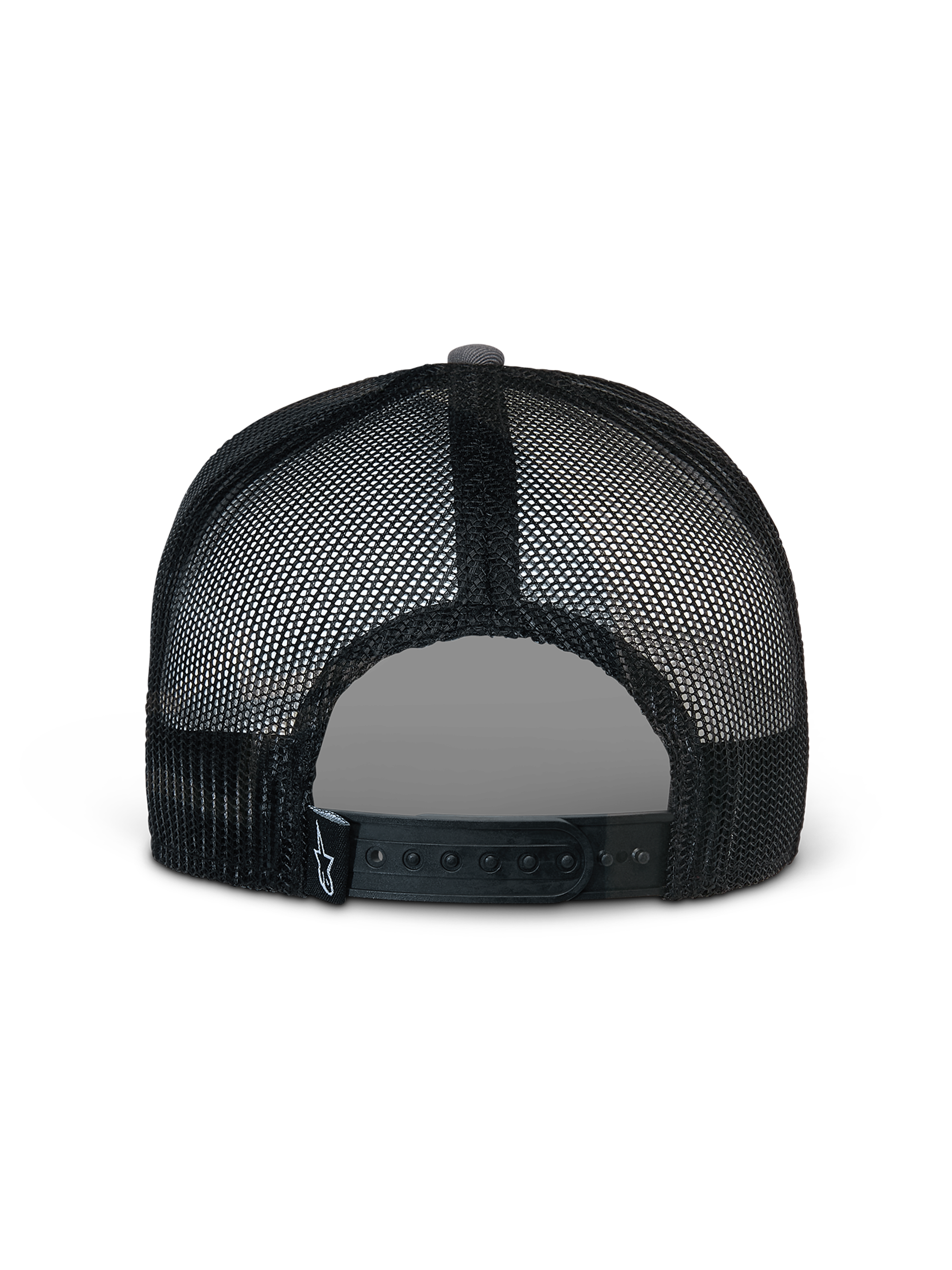 Cappello Alpinestars Corp Trucker, grigio e nero, vista posteriore con pannelli in rete nera e chiusura snapback regolabile, piccolo logo a stella bianco su etichetta posteriore nera, copricapo sportswear casual