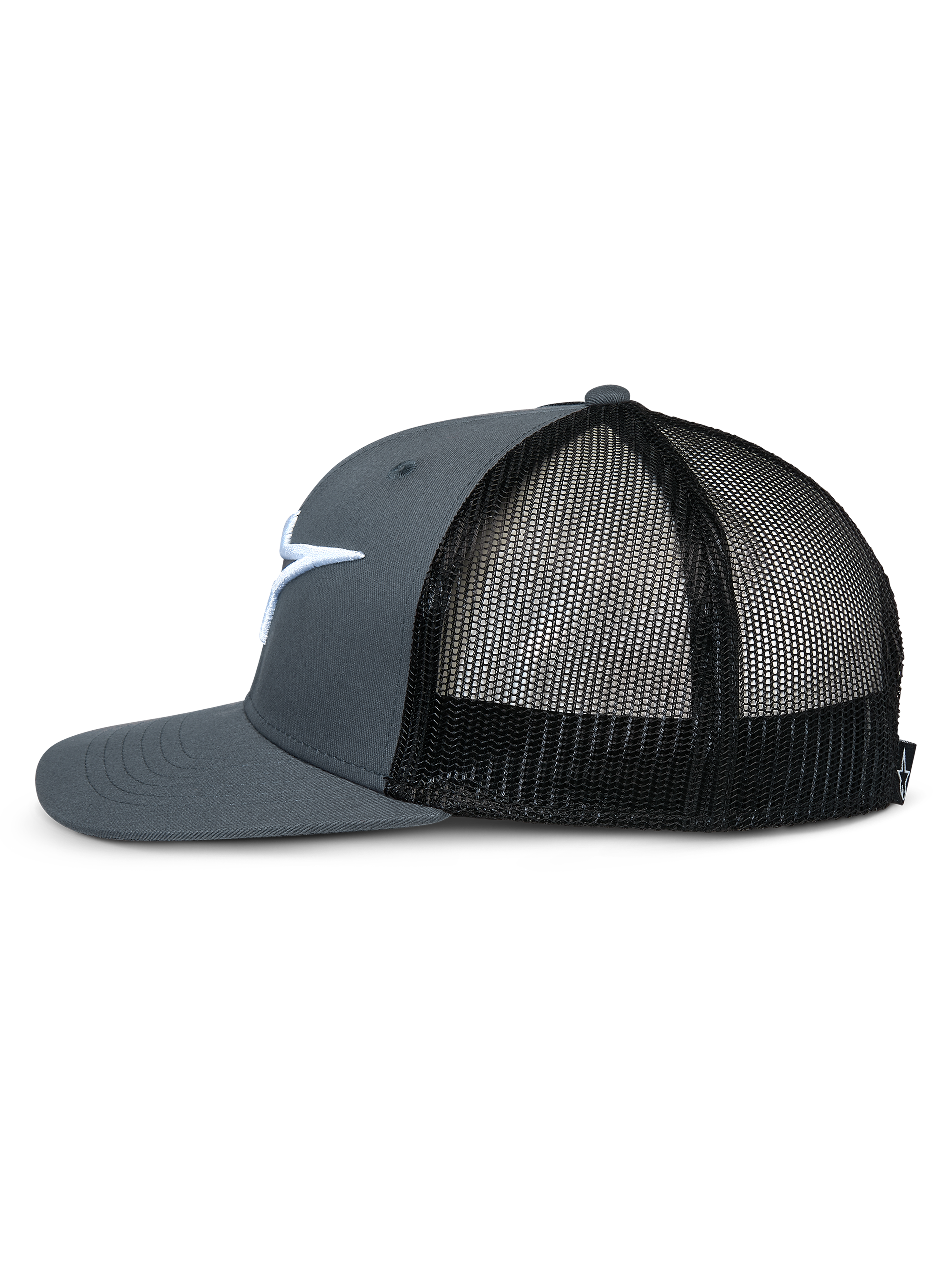 Alpinestars Corp Trucker, cappello trucker, grigio e nero, vista laterale del profilo con visiera piatta, corona grigia strutturata, pannelli posteriori in rete nera e logo ricamato bianco, copricapo casual ispirato al motorsport