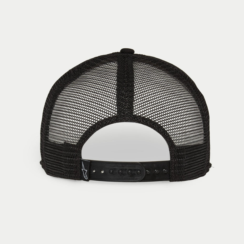 Cappello Alpinestars Corp Trucker, bianco e nero, vista posteriore con pannelli in mesh traspirante nero, chiusura snapback regolabile, piccolo logo Alpinestars sull'etichetta posteriore, copricapo casual ispirato al motorsport