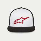 Cappello Alpinestars Corp Trucker, berretto trucker con visiera piatta e corona strutturata, pannello frontale bianco con retro in mesh nero e visiera nera, logo Alpinestars ricamato in 3D rosso, copricapo casual da motorsport