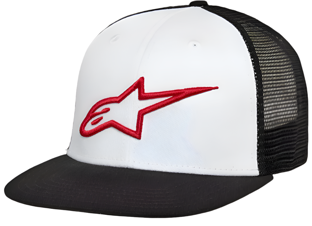 Cappello Alpinestars Corp Trucker, pannello frontale bianco con visiera piatta nera e retro in rete nera, con logo a stella Alpinestars rosso ricamato in 3D, streetwear casual da motorsport