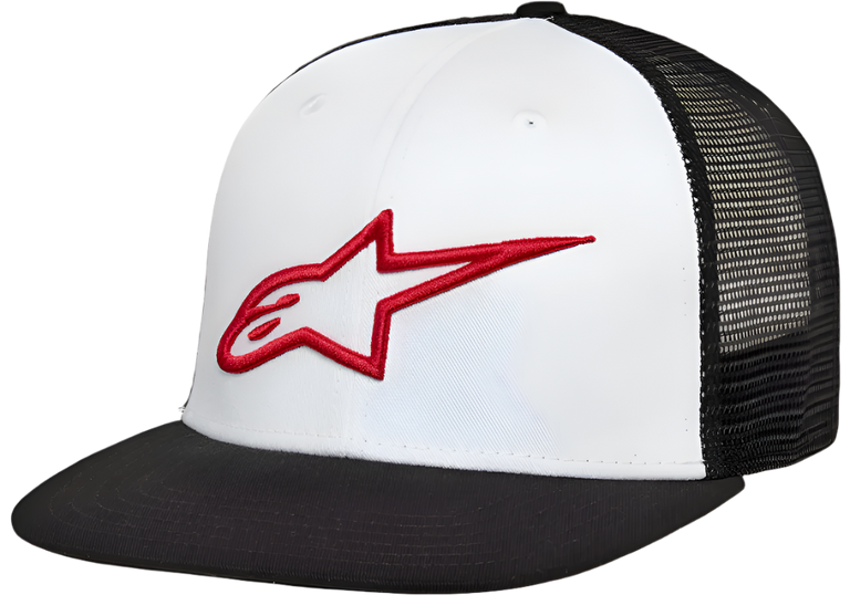 Cappello Alpinestars Corp Trucker, pannello frontale bianco con visiera piatta nera e retro in rete nera, con logo a stella Alpinestars rosso ricamato in 3D, streetwear casual da motorsport
