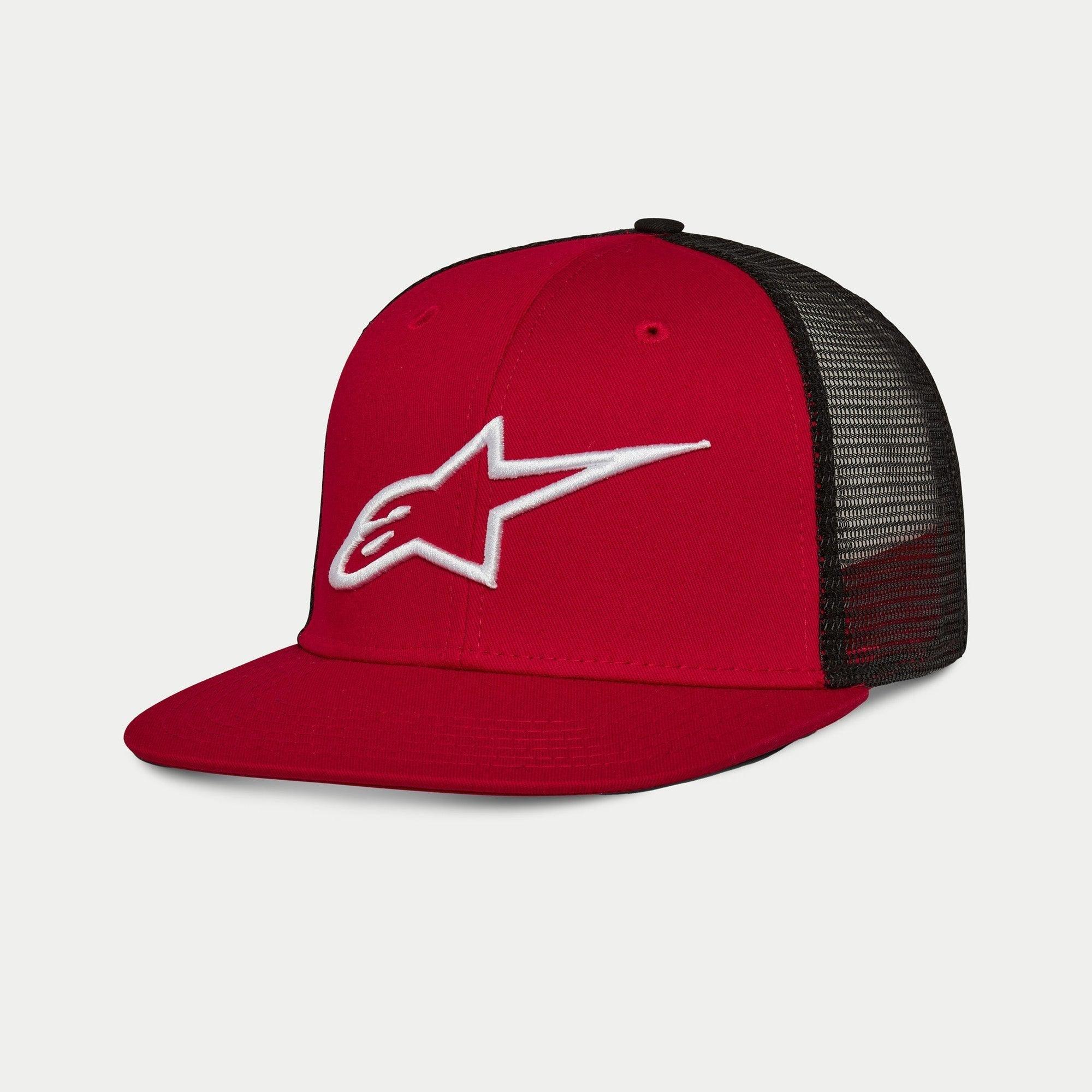 Cappello Alpinestars Corp Trucker, rosso e nero, cappello trucker con visiera piatta, pannello frontale in twill rosso e retro in mesh nero, logo bianco ricamato in 3D, design streetwear casual