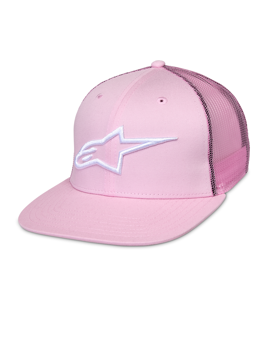 Cappellino Alpinestars Corp Trucker, cappellino snapback rosa con logo a stella bianco, pannelli posteriori in mesh, design strutturato a sei pannelli con occhielli di ventilazione