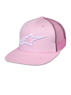 Cappellino Alpinestars Corp Trucker, cappellino snapback rosa con logo a stella bianco, pannelli posteriori in mesh, design strutturato a sei pannelli con occhielli di ventilazione