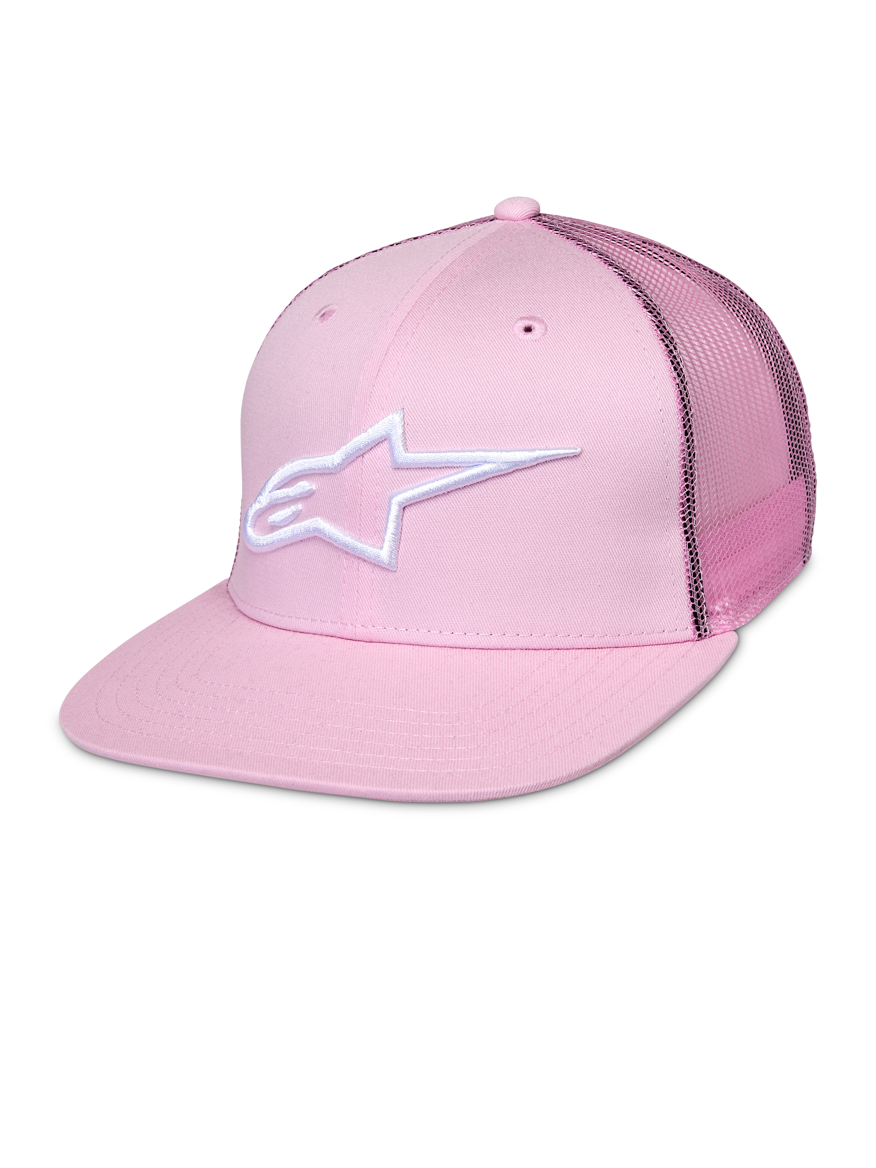 Cappellino Alpinestars Corp Trucker, cappellino snapback rosa con logo a stella bianco, pannelli posteriori in mesh, design strutturato a sei pannelli con occhielli di ventilazione