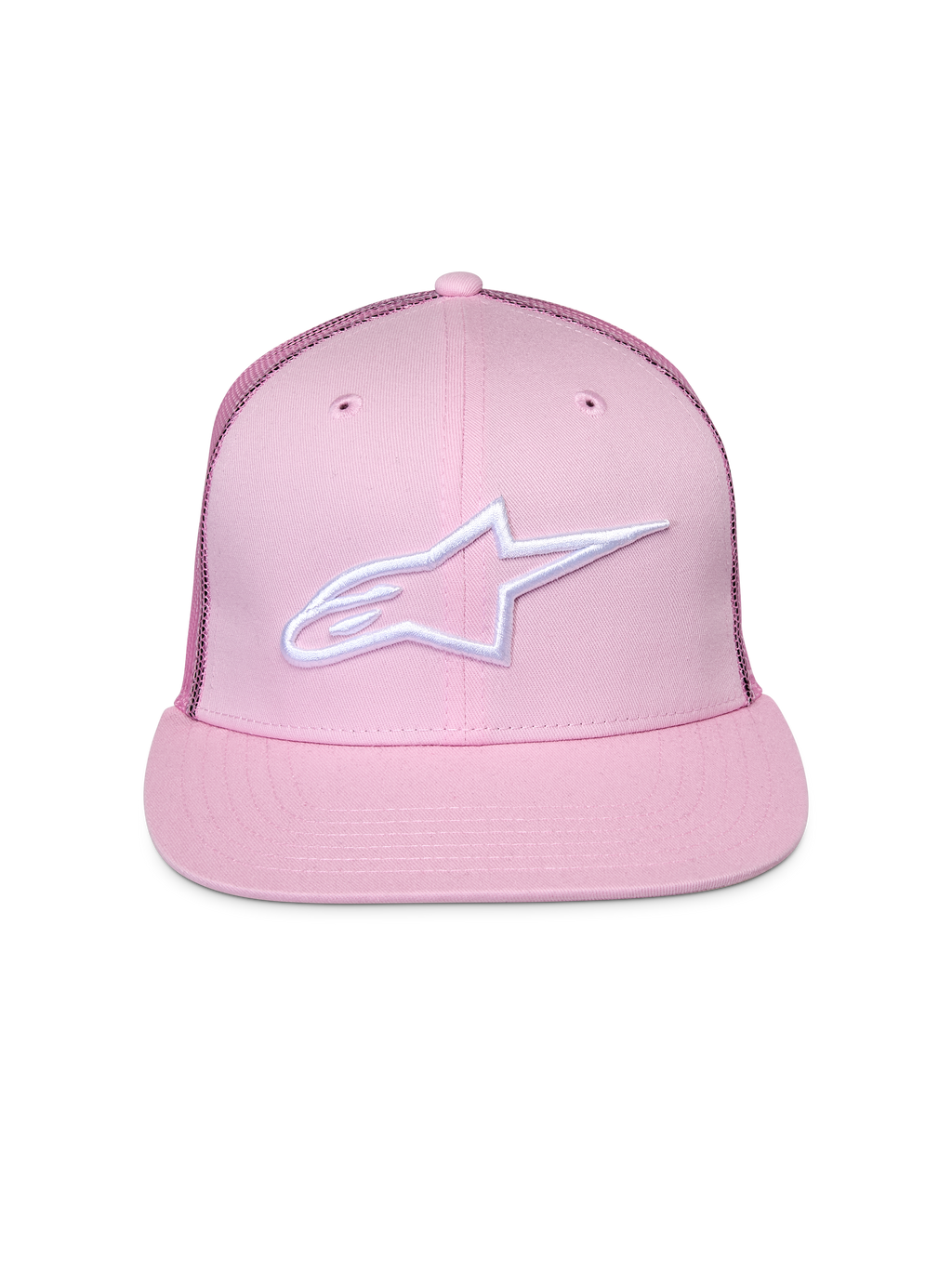 Cappello Alpinestars Corp Trucker, rosa, con logo ricamato bianco sul davanti, visiera piatta con corona strutturata, pannelli posteriori in rete, copricapo casual da motorsport