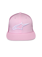 Cappello Alpinestars Corp Trucker, rosa, con logo ricamato bianco sul davanti, visiera piatta con corona strutturata, pannelli posteriori in rete, copricapo casual da motorsport