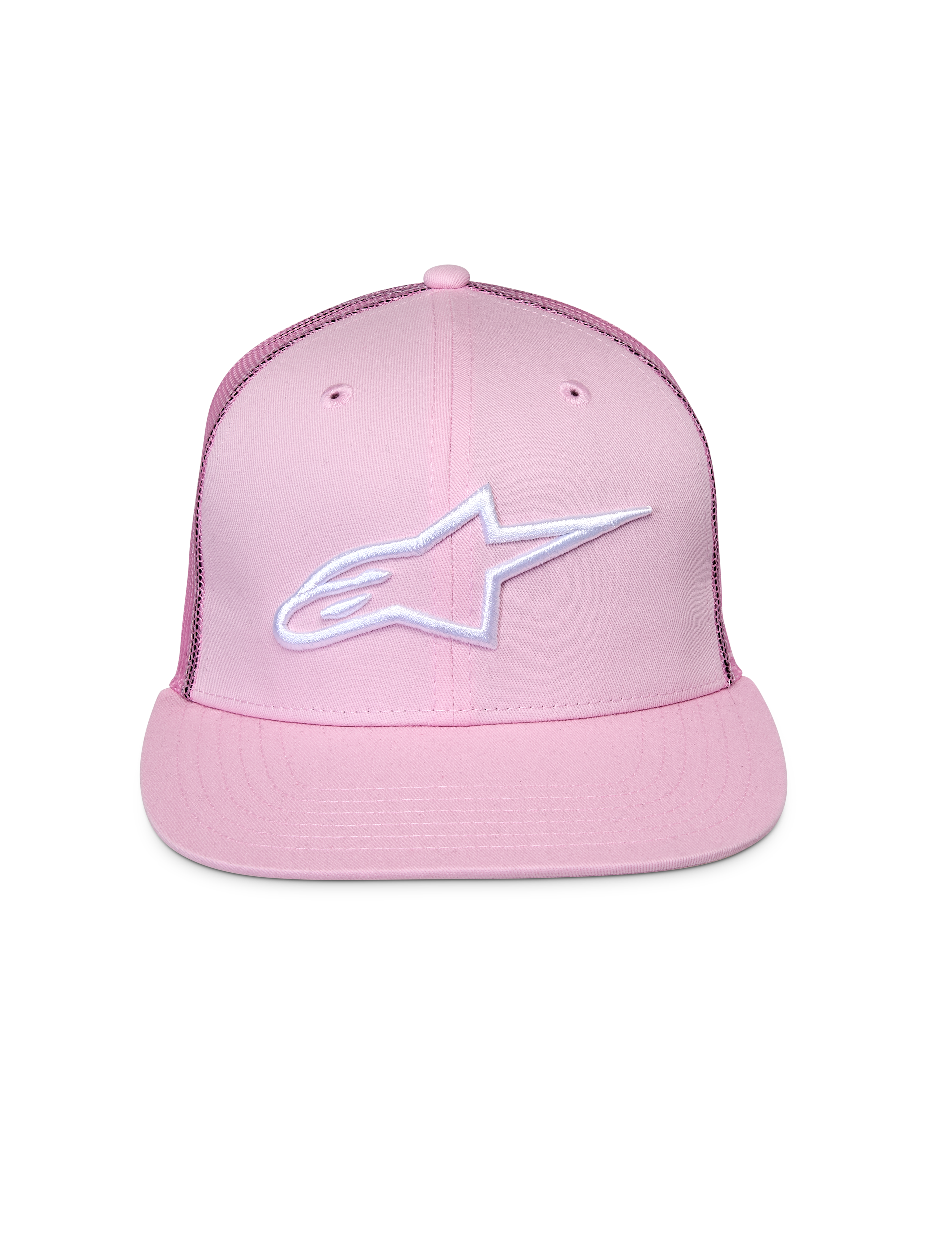 Cappello Alpinestars Corp Trucker, rosa, con logo ricamato bianco sul davanti, visiera piatta con corona strutturata, pannelli posteriori in rete, copricapo casual da motorsport