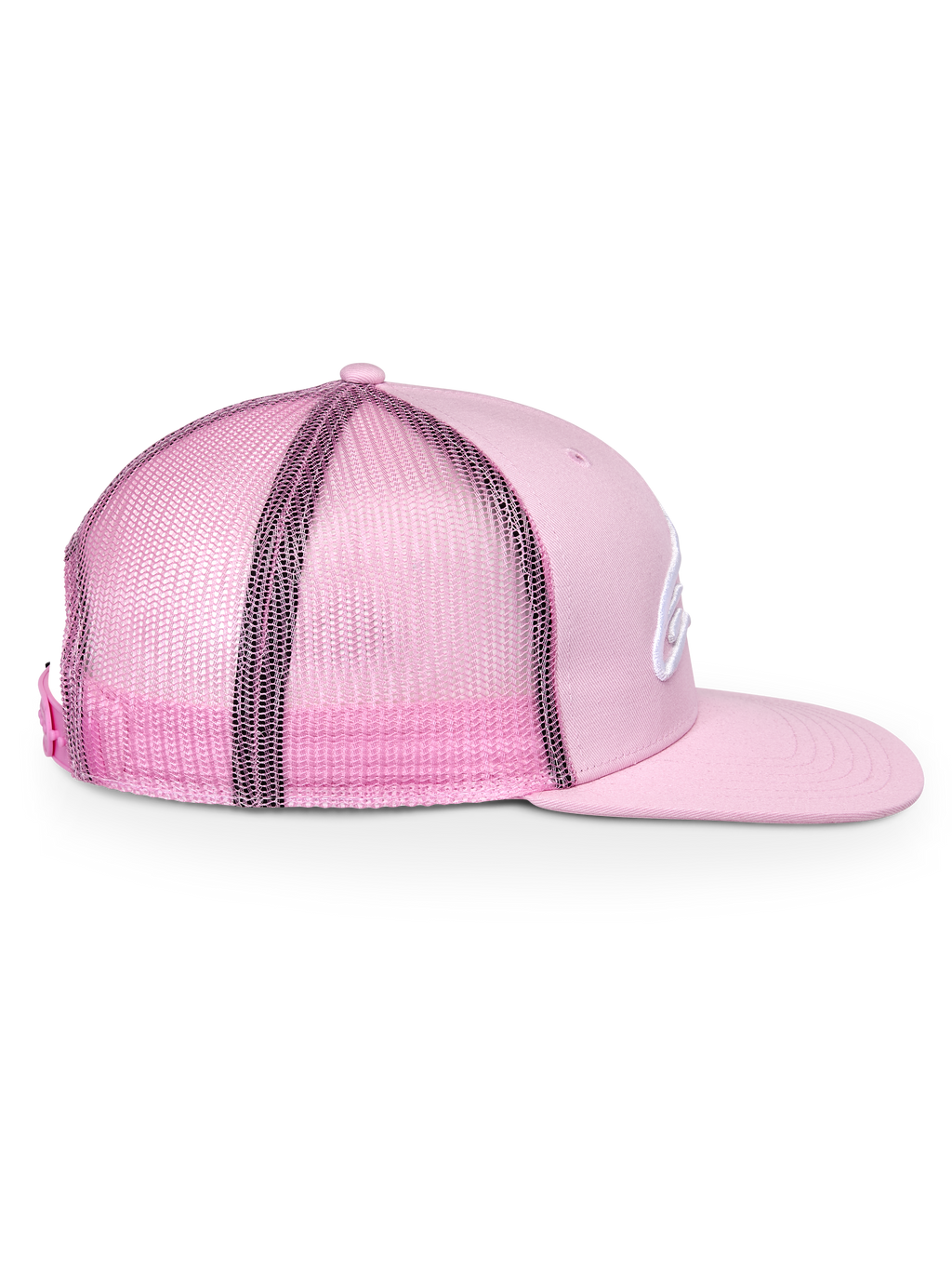 Alpinestars Corp Trucker Hat, rosa, vista laterale, corona strutturata con visiera piatta, parte anteriore in twill e retro in rete, chiusura snapback regolabile, accessorio sportswear casual