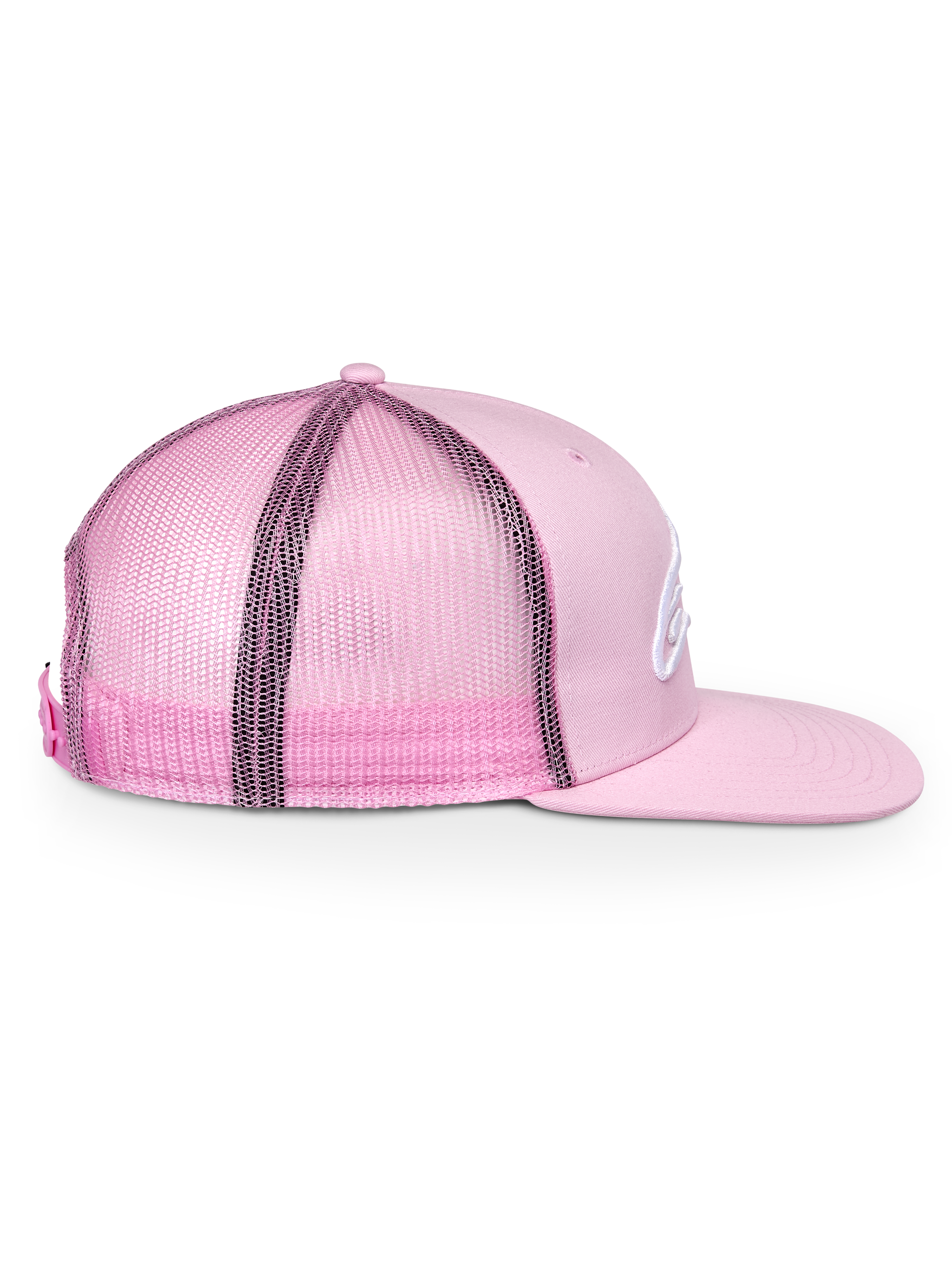 Alpinestars Corp Trucker Hat, rosa, vista laterale, corona strutturata con visiera piatta, parte anteriore in twill e retro in rete, chiusura snapback regolabile, accessorio sportswear casual