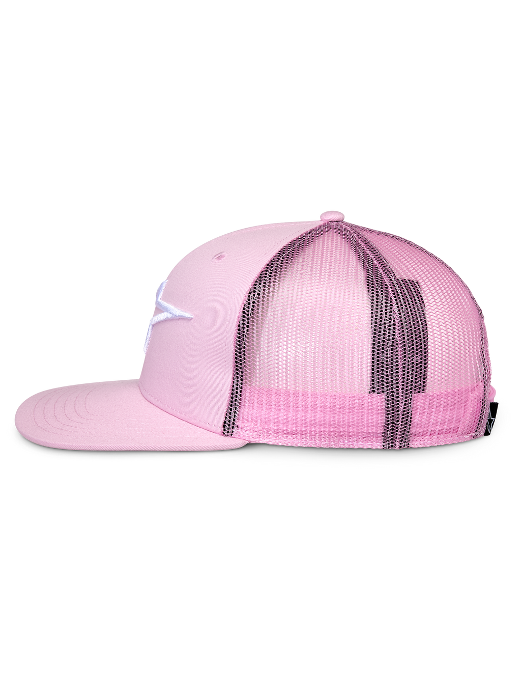 Cappello Alpinestars Corp Trucker, rosa, profilo laterale, visiera piatta e corona strutturata, logo bianco ricamato sul davanti in twill, retro in rete rosa, chiusura snapback regolabile, abbigliamento sportivo casual