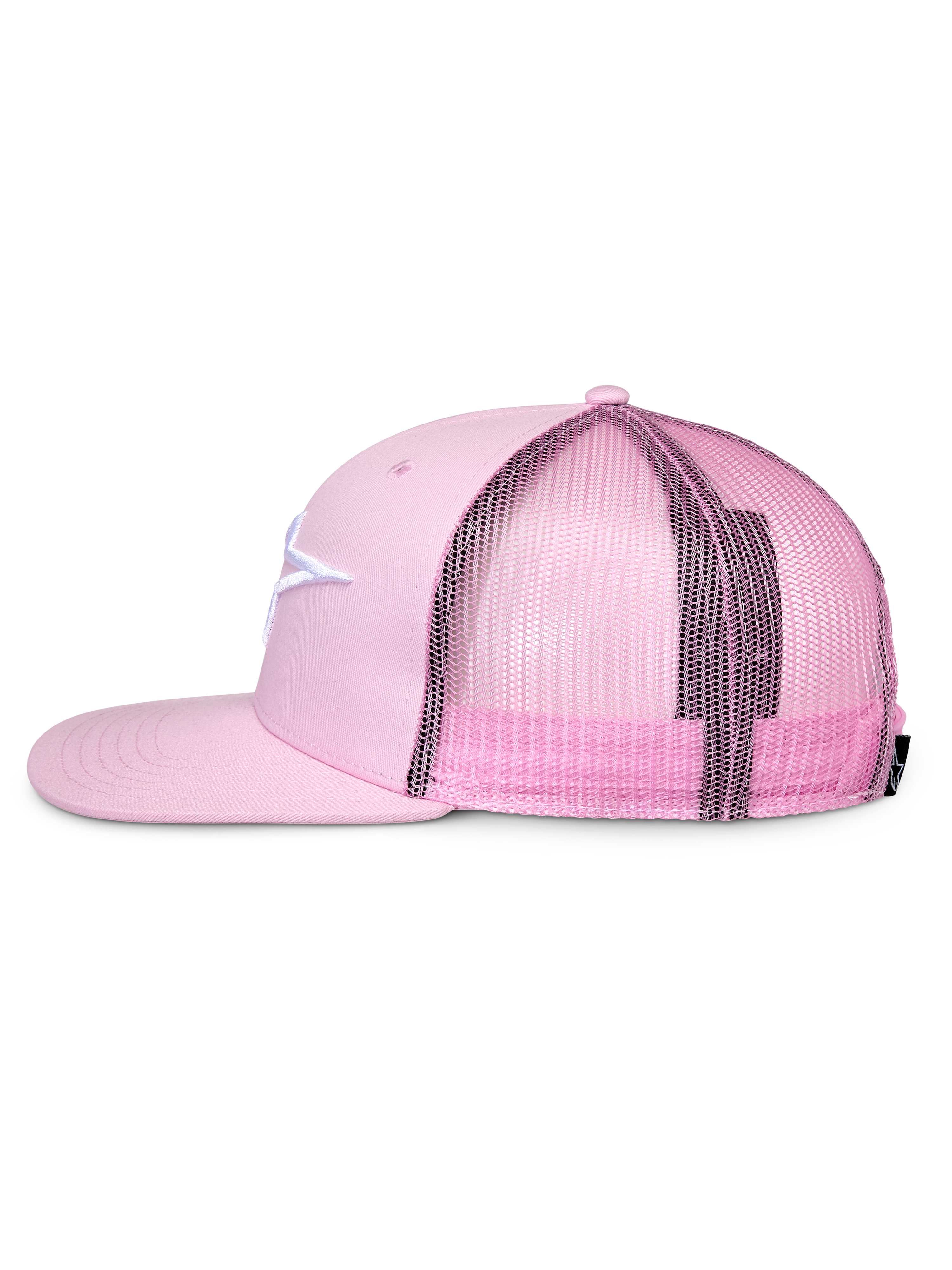 Cappello Alpinestars Corp Trucker, rosa, profilo laterale, visiera piatta e corona strutturata, logo bianco ricamato sul davanti in twill, retro in rete rosa, chiusura snapback regolabile, abbigliamento sportivo casual