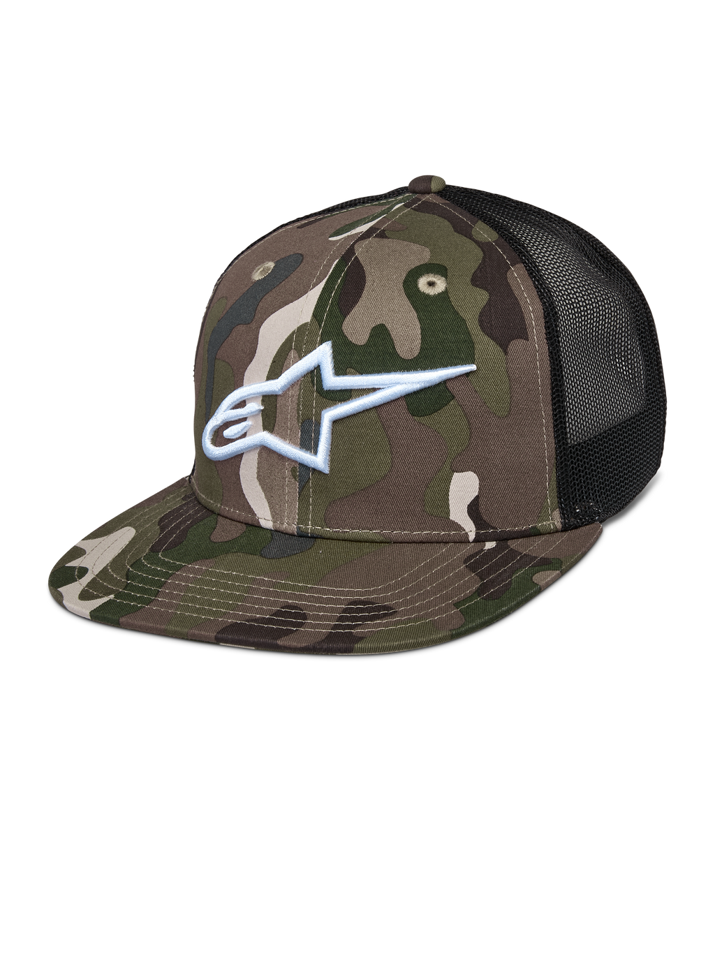 Cappello Alpinestars Corp Trucker, mimetico verde e nero, motivo camouflage con logo A-star bianco ricamato, pannelli posteriori in rete nera, visiera piatta, copricapo lifestyle casual