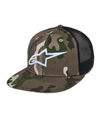 Cappello Alpinestars Corp Trucker, mimetico verde e nero, motivo camouflage con logo A-star bianco ricamato, pannelli posteriori in rete nera, visiera piatta, copricapo lifestyle casual