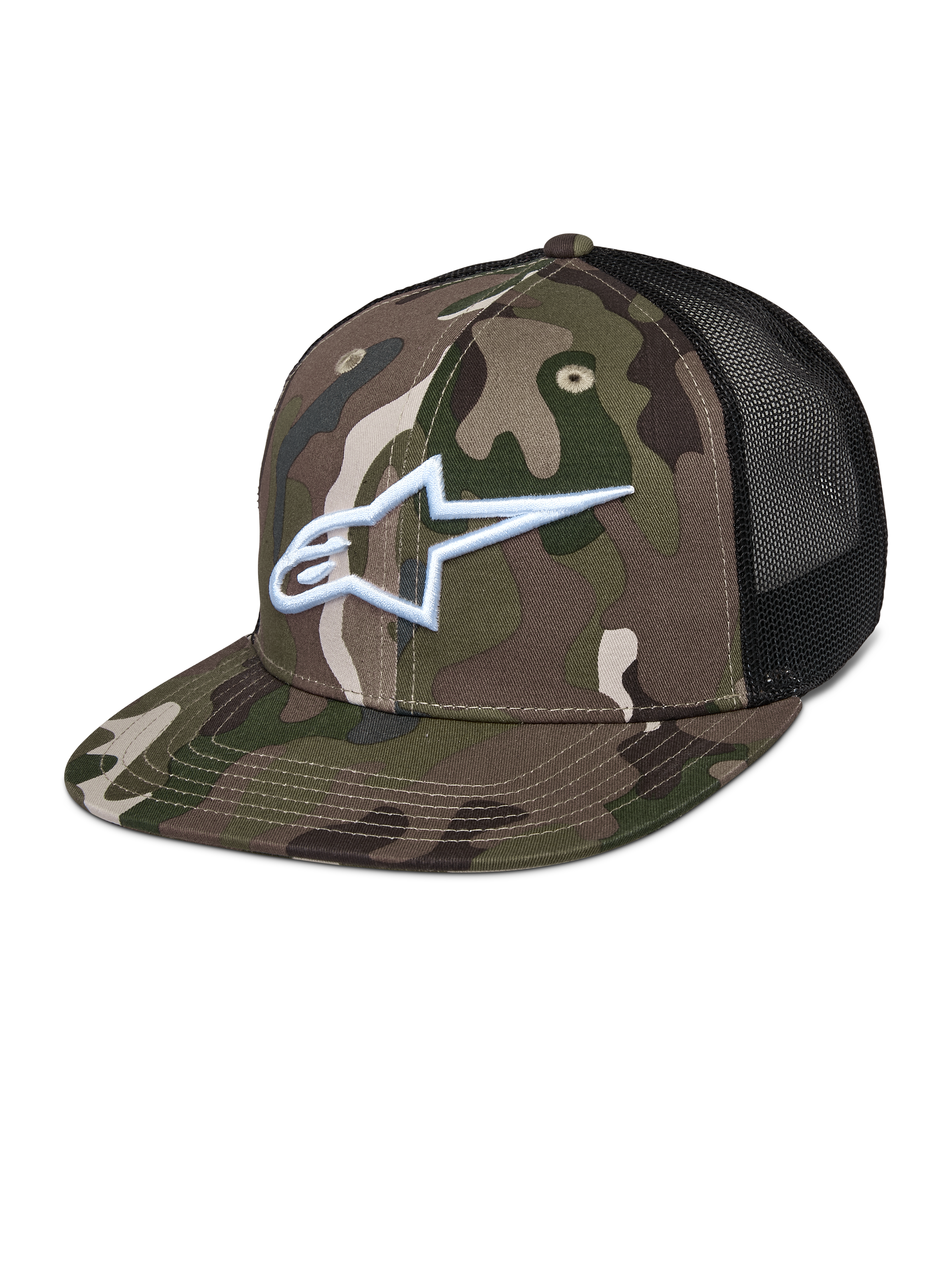 Cappello Alpinestars Corp Trucker, mimetico verde e nero, motivo camouflage con logo A-star bianco ricamato, pannelli posteriori in rete nera, visiera piatta, copricapo lifestyle casual